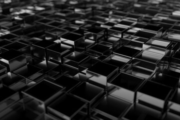 Fototapeta premium Dark reflective glass cube grid background for futuristic technology banner and abstract pattern design.3d render