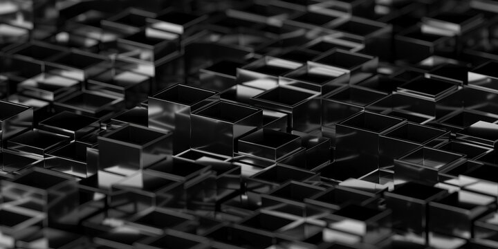 Black metallic cube grid abstract background for futuristic technology banner and minimal surface design .3d render