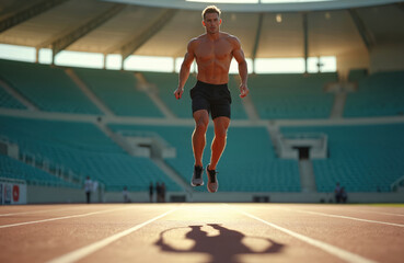 Obraz premium Fit shirtless man jumps rope on empty stadium track at sunset. Athletic male trains cardio workout, builds strength and endurance. He is active and energetic.