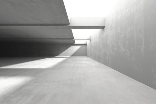 Spacious concrete interior hall with open skylights and soft natural light for architectural background and interior design .3d render