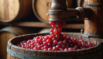 Fototapeta premium Red grapes are crushed using a traditional wooden wine press. Freshly harvested fruit falls into a barrel, surrounded by aging oak barrels in a cellar.