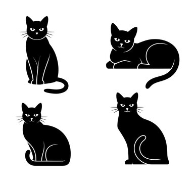 Vector features four black cats in different poses.