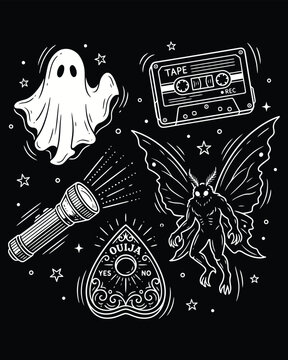 Spooky Paranormal Illustration Set with Ghost and Cryptid