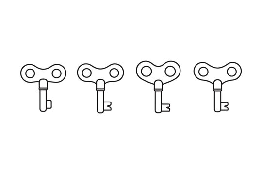 Four identical wind-up keys arranged in a row on a white background