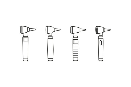 Collection of four otoscopes with different handle designs and ear speculum shapes