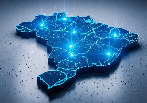 3D map of Brazil shows digital network connections across country. Glowing blue nodes and lines represent data transfer and communication infrastructure. Digital Global Network Map