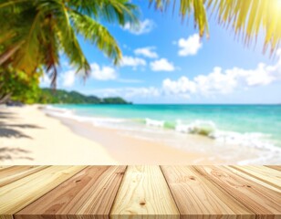 Fototapeta premium Sunny tropical beach with wooden deck and palm trees.