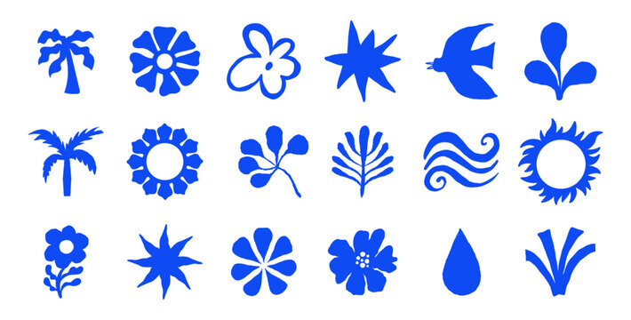 Vector logo and print design templates in wavy sketchy naive style, summer palms, tropical  illustrations, surfing, vacation and travel