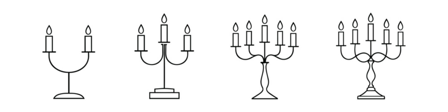 Collection of elegant candelabras with lit candles in a clean line art style