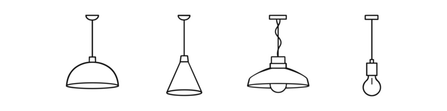 Collection of four different pendant light fixtures in a simple line art style