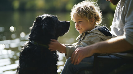 A child shares a serene moment with a dog by the water, showcasing the beauty of friendship and the blissful connection between humans and animals in nature.