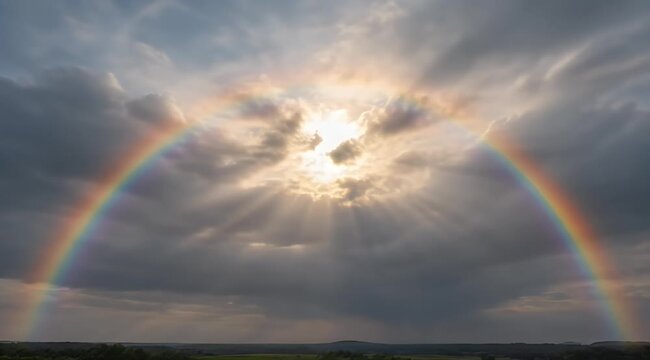 Vibrant full rainbow arching over dark, dramatic sky with sunbeams piercing clouds