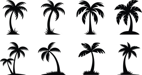 Fototapeta premium Collection of stylized silhouettes of palm trees in various poses and groupings
