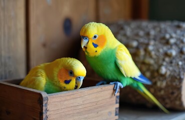Naklejka premium Two cute budgerigars, one sits in wooden box, other stands near. Bright yellow and green plumage with blue cheek spots. Domesticated pets in aviary.