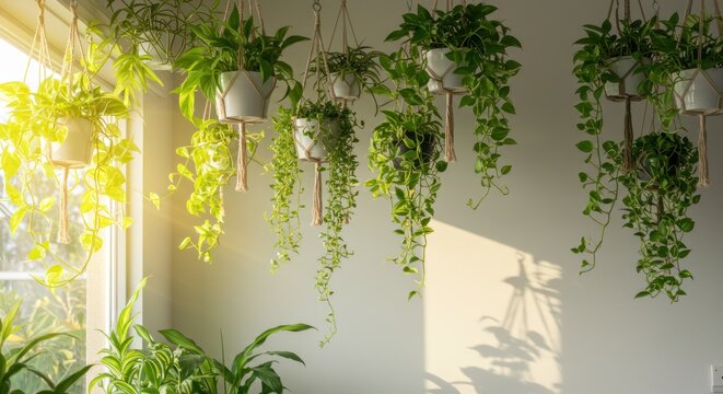 Hanging plants adorn a white wall beside a sunny window with lush greenery indoors.