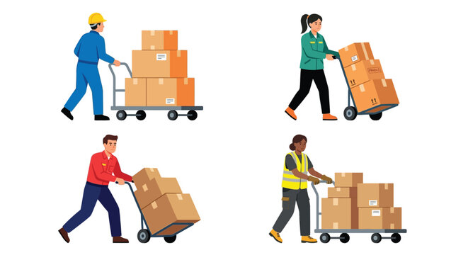 Workers moving cardboard boxes with hand trucks in a warehouse setting