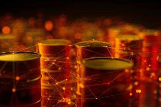 The silent watchers: barrels that shape the world's energy future. Neural connections. Richly hued oil barrels under dramatic light depicting energy market risks. Tech innovation.