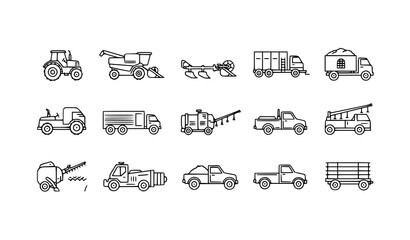 Black Agricultural Transport Icons Set Vector Farm Vehicles and Machinery © Boloram