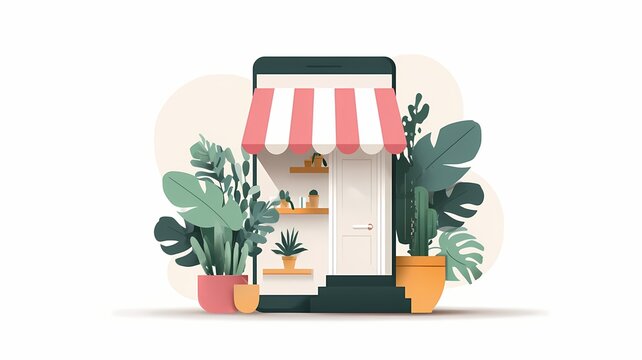 Darstellung eines Onlineshop als Mobiltelefon mit Pflanzen Verkaufs-Artikeln.