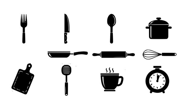 Kitchen Pictogram Icons Black Cooking Tools Vector Symbols Gray Background