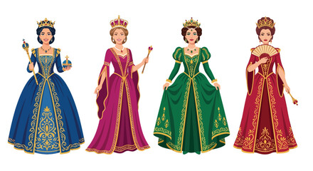 Fototapeta premium Four regal women in ornate historical dresses and crowns stand together