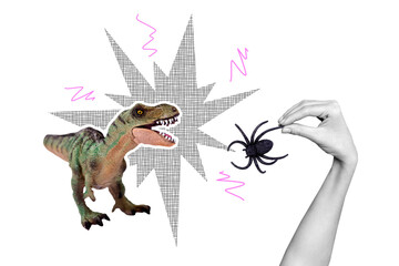 Creative photo poster trend art collage image of dino animal wild jurassic kill spider hunt hand...