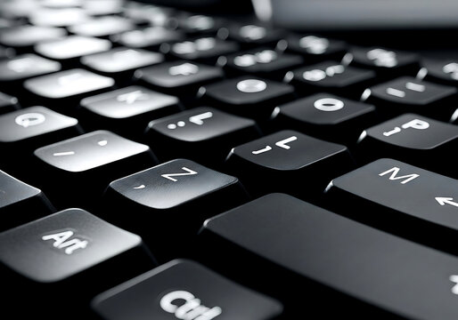 Close up perspective of a black computer keyboard showing individual keys with white letter characters in a monochromatic tone