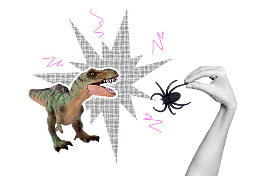 Creative photo poster trend art collage image of dino animal wild jurassic kill spider hunt hand hold insect toy wildlife zoo