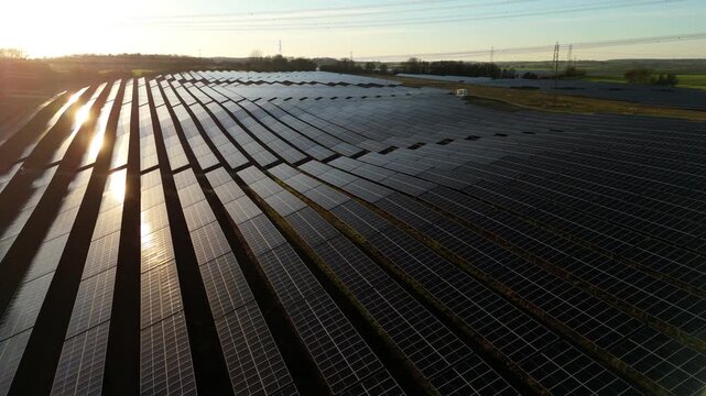 Aerial drone view of a massive solar panel farm in golden hour light, renewable energy infrastructure for the UK grid upgrade at Tye Lane.