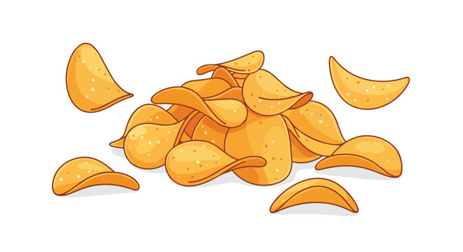 A visually appealing and crisp depiction of a pile of potato chips scattered on a white background, perfect for food-related content