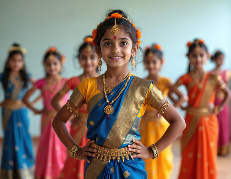 Group of young indian girls in colorful sarees and traditional jewelry learn classical dance. Children practice graceful poses during cultural class, celebrating heritage and arts.