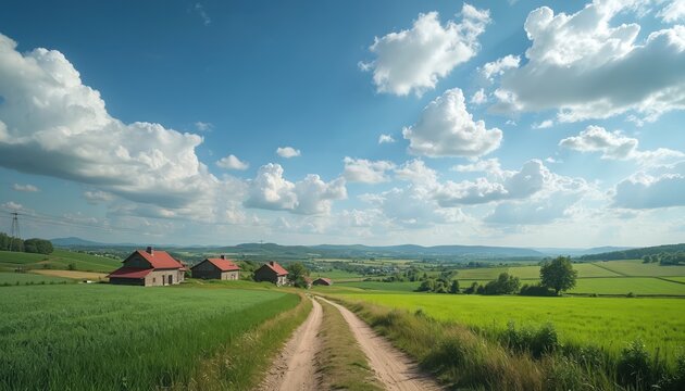 Dirt road leads through green fields toward distant hills under blue sky with white clouds. Small farmhouses with red roofs dot the landscape. Serene countryside panorama in summer.