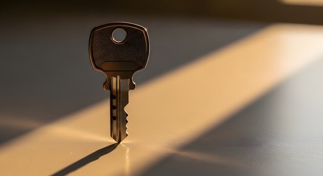 Modern metal house key standing upright on desk surface with dramatic sunlight and shadows.