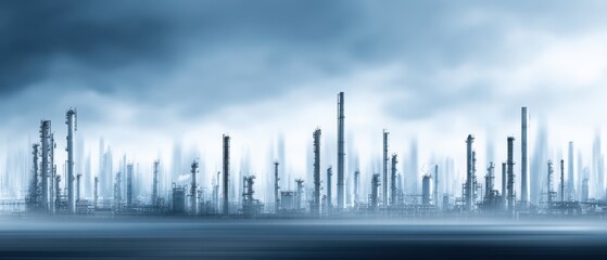 Obraz premium Industrial complex with towering smokestacks against a hazy, atmospheric sky, evoking a sense of scale and industrial might.