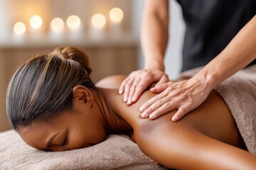 Fototapeta premium A woman receiving a relaxing deep tissue massage focusing on her shoulders and back, promoting wellness.