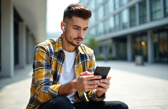 Young man in checkered shirt with wireless earbuds looks at smartphone. Sits outdoors near modern office buildings. Uses mobile device, browses content. Guy appears focused, engaged with phone.