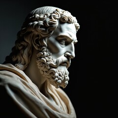 Obraz premium Marble bust sculpture of a bearded man with curly hair. Classical artwork shows profile view of ancient figure. Details of draped clothing and stern face.