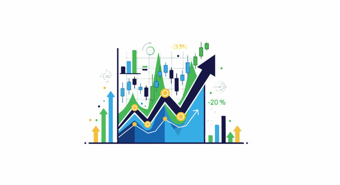 Upward trending financial graph with stock market indicators and data