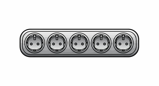 A row of five gray electrical power outlets on a white background