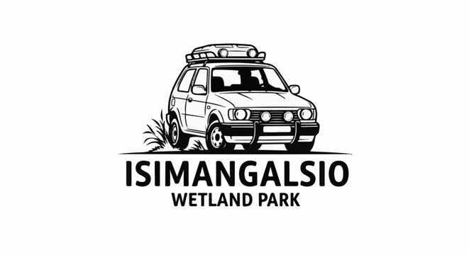 A black and white line art logo of a 4x4 vehicle with a roof rack navigating through grass