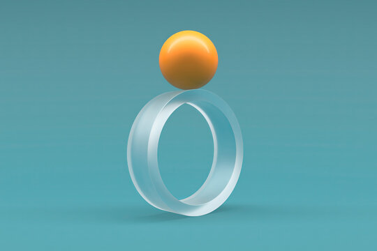 Translucent glass ring with floating orange sphere on teal minimal background for modern background and poster design.3d render
