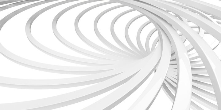 White abstract spiral architectural form with concentric curved bands for modern background and minimalist design composition .3d render