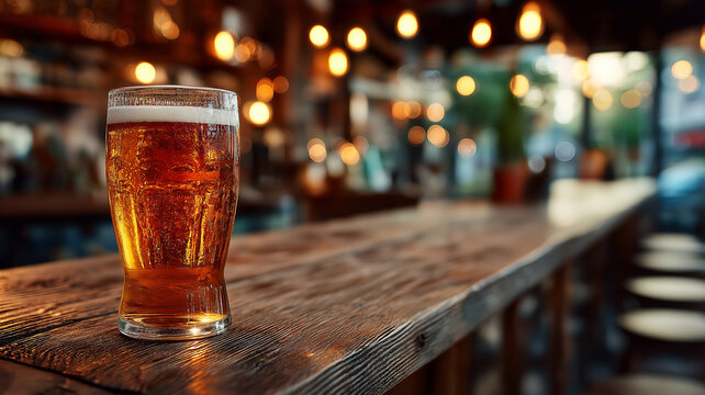 Chilled Beer Glass on Rustic Table. A full glass of golden beer with a foamy head, sitting on a weathered wooden table, likely in a pub or restaurant setting. 