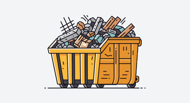 A yellow dumpster overflowing with debris, including rubble and wood