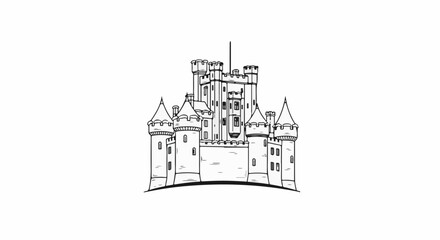 Fototapeta premium Detailed line drawing of a medieval castle with multiple towers and ramparts