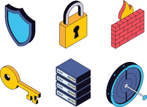 Security multicloud icon set, modern isometric flat vector style featuring shield lock firewall key server and radar for cloud protection and cybersecurity design.