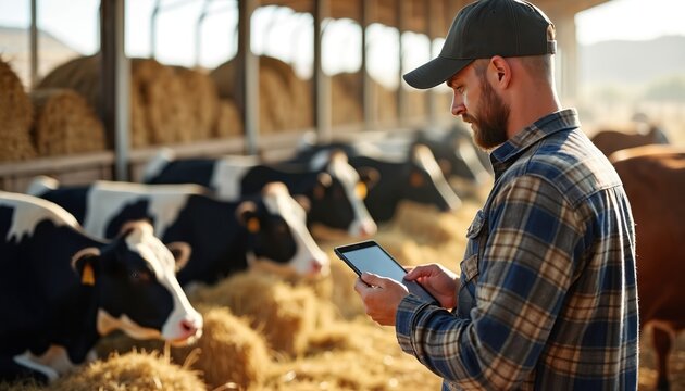 Farmer with tablet manages herd in barn with cows and hay bales. Rural agriculture tech uses digital tools for livestock farming business. Modern ranching operations.