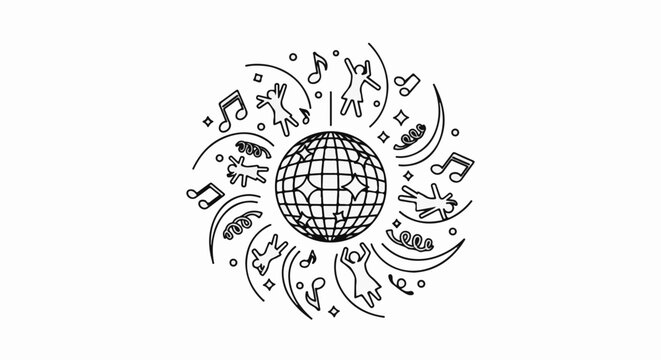 Disco ball surrounded by dancing figures, musical notes, and confetti