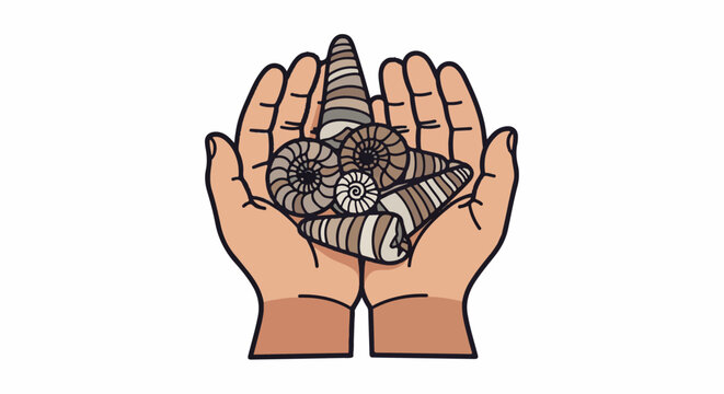 Hands cradling a collection of spiral and conical ancient sea shells