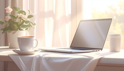 Fototapeta premium Serene Workspace with Coffee and Roses